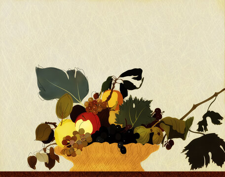 An illustration of a various fruits in a fruit basked inspired by Caravaggio.