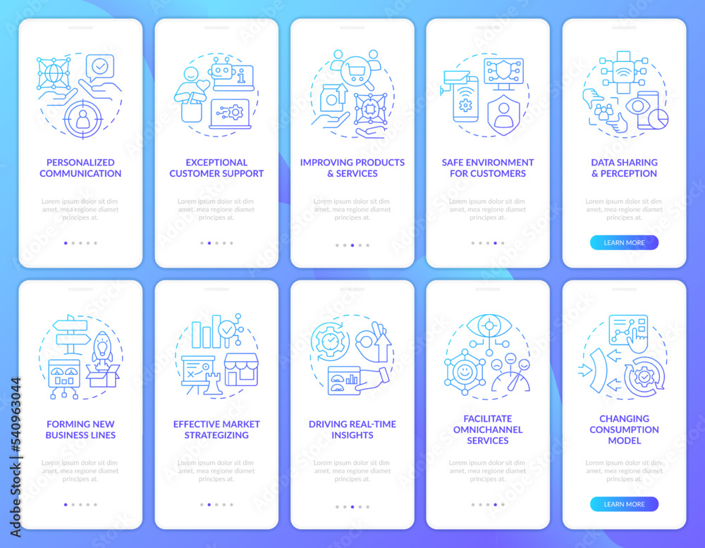 Poster involve iot in business blue gradient onboarding mobile app screen set. walkthrough 5 steps graphic 