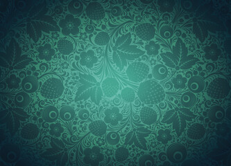 Decorative background in green with floral motifs, flowers, leaves and berries in the style of Russian Khokhloma painting. Vector illustration