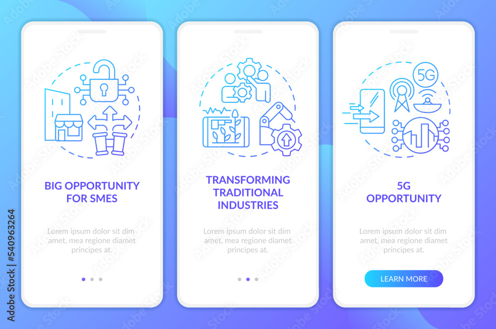 Poster iot business transformation blue gradient onboarding mobile app screen. walkthrough 3 steps graphic 