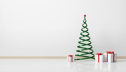 3D rendering spiral Christmas tree with gift boxes in white room.