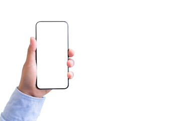 Hand holding smartphone with blank screen isolated on transparency background with clipping path. ideas design business concept.