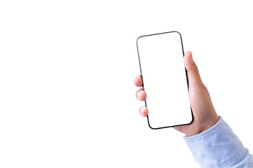 Hand holding smartphone with blank screen isolated on transparency background with clipping path. ideas design business concept.