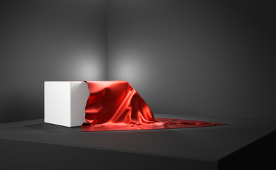 Dark room corner with gift reveals from red silk cloth. Podium for product placement. 3d render blank product display with cube stage. Mockup background with pedestal and textile gift covering