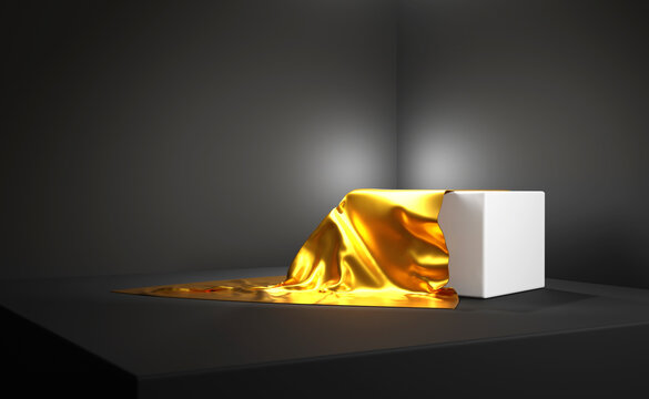 3d Render Black Room Corner With White Podium Reveal From Gold Satin Cloth. Silk Covering Product Display Platform In Showroom. Simple Surprise Mockup