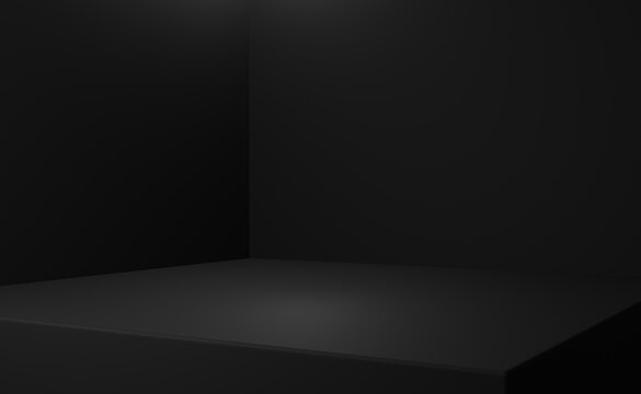 Black Room Corner Background. Empty Dark Scene With Angle. Blank Wall With Minimal Podium For Creating Mockup Or Simple Advertising.
