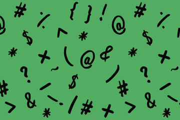 pattern with the image of keyboard symbols. Punctuation marks. Template for applying to the surface. green background. Horizontal image.