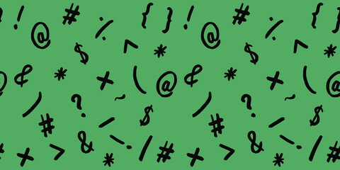 pattern with the image of keyboard symbols. Punctuation marks. Template for applying to the surface. green background. Horizontal image. Banner for insertion into site.