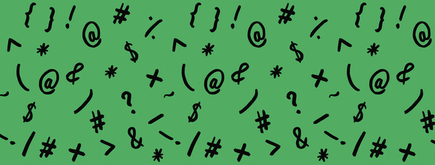 pattern with the image of keyboard symbols. Punctuation marks. Template for applying to the surface. green background. Horizontal image. Banner for insertion into site.