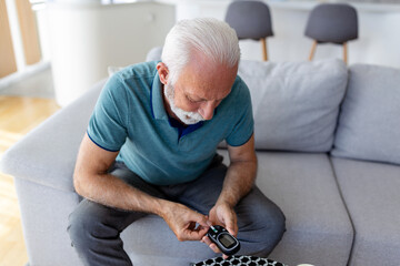 Mature man testing for high blood sugar. Man holding device for measuring blood sugar, doing blood...