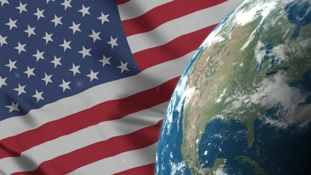Usa Flag and Usa Map on Earth Globe 4K. United States of America USA Background .