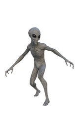 Grey Alien walking. 3D render isolated on transparent background.