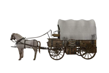 Deurstickers Old western style covered wagon pulled by two white horses. 3D illustration isolated on transparent background. © IG Digital Arts
