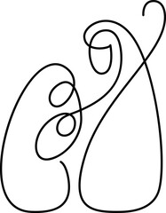 Christmas Vector Christian icon religious Nativity Scene of baby Jesus with Mary and Joseph. Continuous art line drawing, print for clothes and logo design, emblem one single line, isolated abstract