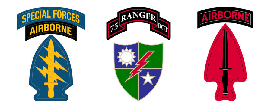 Vector patch of the 1st Special Forces Command Airborne Green Berets. 75th Ranger Regiment. 1st Special Forces Operational Detachment Delta logo
