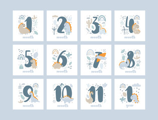 Set of baby milestone cards for newborn boy from one month to one year. Baby shower print with cute animal dino and flowers capturing all special moments
