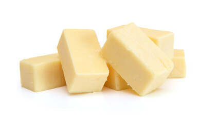 Cubes of cheddar cheese isolated on white 