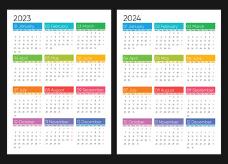 calendar 2023 and 2024, week starts on Monday, basic business template. vector illustration