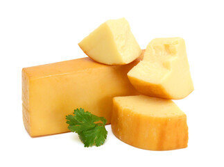 Cubes of cheddar cheese isolated on white 
