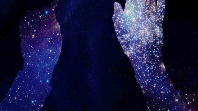 Double exposure: the silhouetted hands of an orchestra conductor leading the musicians with a baton; a moving starry sky, with the brightest stars inside the shapes.
