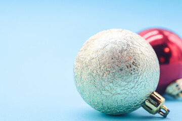 red and silver christmas balls on blue background
Concept of copy space, Christmas background, Christmas postcard,
christmas close up view