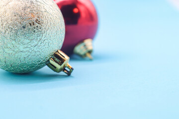 red and silver christmas balls on blue background
Concept of copy space, Christmas background, Christmas postcard,
christmas close up view