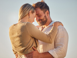 Love, couple and being happy for marriage, romantic vacation and smile together for anniversary....