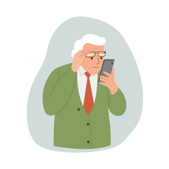 Elderly man looks into the smartphone. Vector flat style  illustration