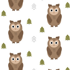 Winter pattern with an owl and fir trees on a white background. Hand drawn style. Cute animals. Design for textile, fabric, wallpaper.