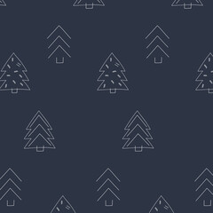 Winter seamless pattern with white christmas trees on  dark background. Christmas tree line art illustrations. Design for textile, fabric, wallpaper, wrapping, giftwrap, paper, scrapbook, packaging.