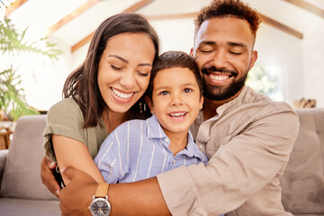 Love, family and happiness, couple and child hug on sofa in living room in home. Woman, man with eyes closed and kid with smile for support, trust and hope for happy future for mother, father and son