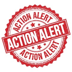 ACTION ALERT text on red round stamp sign