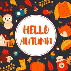 Hello, Autumn. illustration on the background of autumn leaves and autumn attributes.