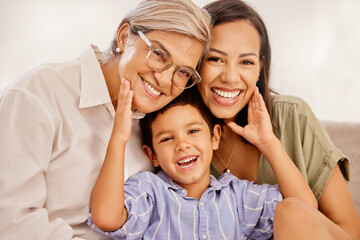 Happy, mother and grandmother portrait with child for family bonding together in happiness at home....