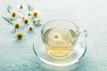 Chamomile tea. Camomile infusion in a cup with a tea pot, natural remedy, with fresh flowers