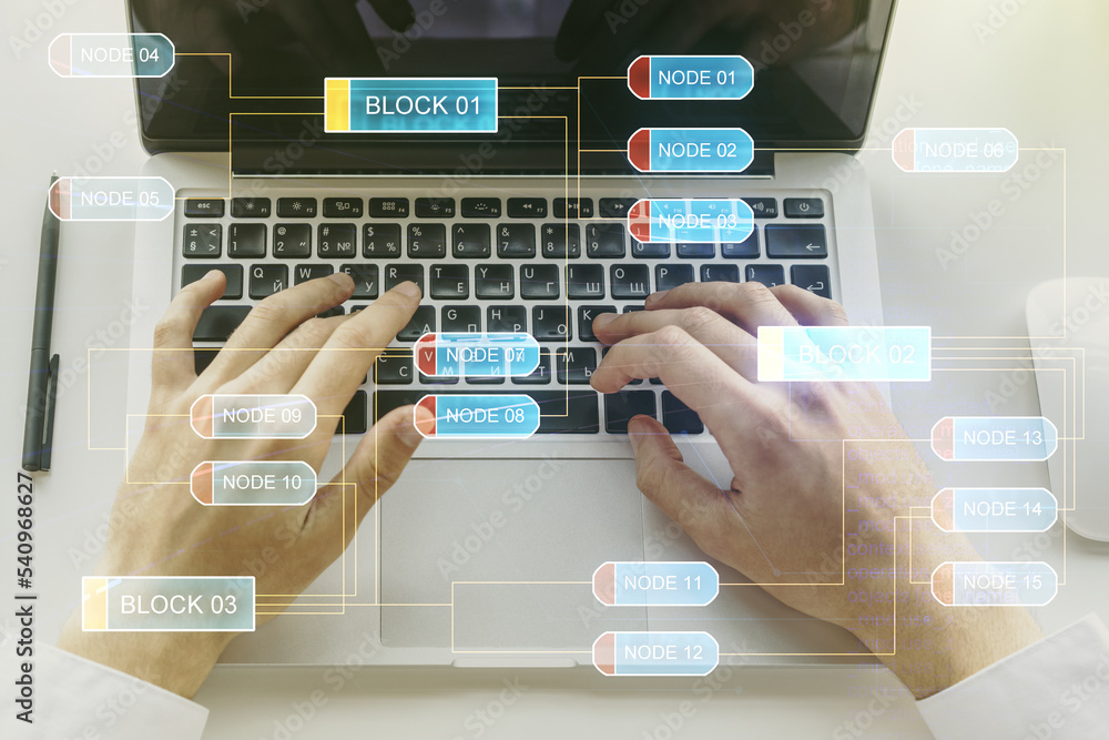 Poster multi exposure of abstract software development hologram and hands typing on computer keyboard on ba