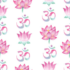 Fototapeta na wymiar Watercolor seamless pattern with lotus symbol and Om, Aum - symbol of Hinduism.