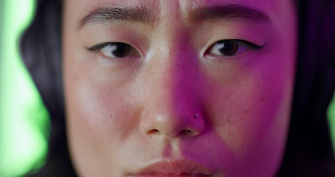 Gamer, asian and woman is loser, frustrated and angry for contest, competition or game on internet. Girl, online gaming and upset for fail on video game, esports or web in closeup portrait in Tokyo
