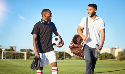 Soccer, training and friends walking on field after practice, match and football game. Diversity,...
