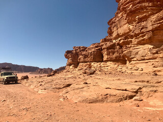 Fototapeta premium Wadi Rum, Jordan, November 2019 - A canyon with a mountain in the desert