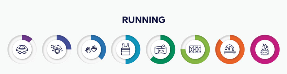 infographic element with running outline icons. included swimming hat, pilates, hand, tanktop, tuna can, ice court, gymnastics, calories vector.