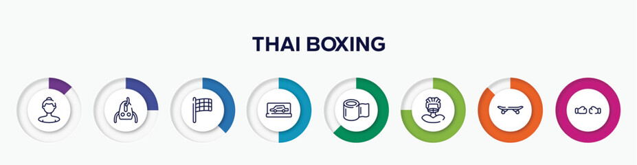 infographic element with thai boxing outline icons. included null, sheave, black flagged, backup car, null, rugby player, longboard, punching vector.