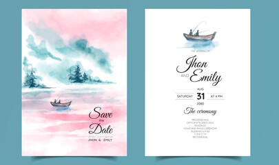 Romantic beach and fisherman watercolor background on wedding invitation