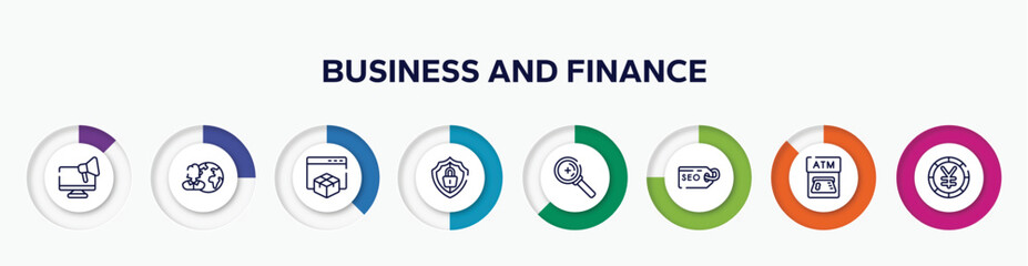 infographic element with business and finance outline icons. included responsive marketing, user, web package, big protection shield, zoom or search, seo tags, atm card, yen big coin vector.
