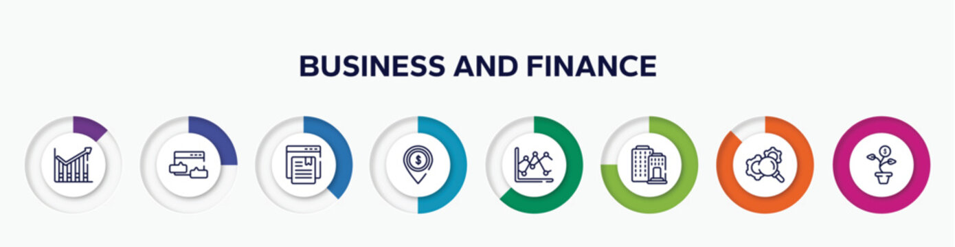 Infographic Element With Business And Finance Outline Icons. Included Profit Chart, Blog Commenting, Bookmark Service, Dollar Spot, Two Lines Chart, Federal Bank, Gear With Magnifying Glass, Money