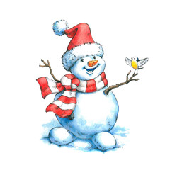 Watercolor illustration of a snowman on a white background.