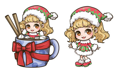 Cartoon illustration of Christmas coffee cup with cute girl, You can use these clipart for any project such as custom, stickers planner, scrapbooking, card or used for as part of your design.