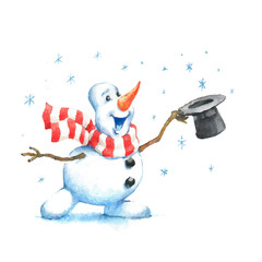 Watercolor illustration of a snowman on a white background.