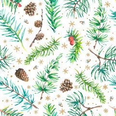 Seamless pattern with Christmas symbol - Christmas tree with cones, stars and snowflakes