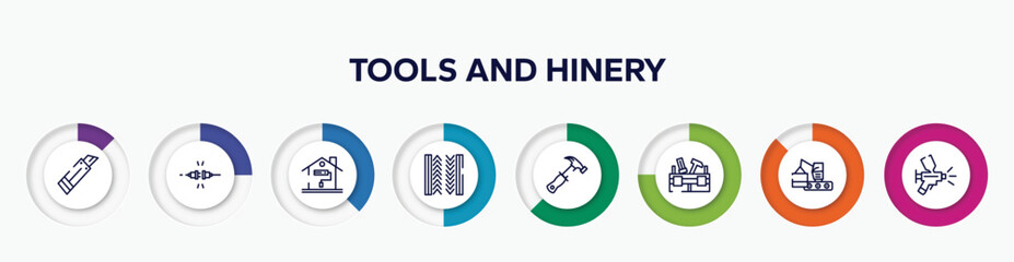 infographic element with tools and hinery outline icons. included paper cutter, plug for electric connection, painting home, tiremark, hammer tool, toolbox, derrick with boxes, paint airbrush